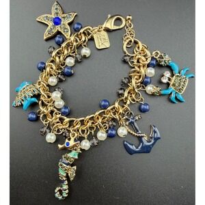 Off Park Collection Sea Life Charm Bracelet 7" Gold Blue Nautical Seahorse Fish